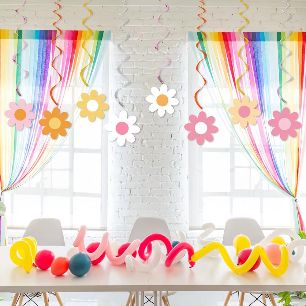 Ensemble de 16 décorations suspendues rotatives en forme de marguerite - Idéal pour une fête d'anniversaire sur le