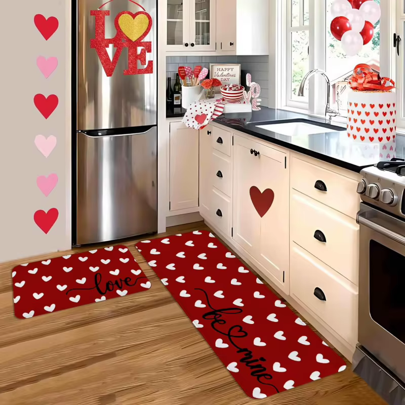 Ensemble de tapis de cuisine pour la Saint-Valentin, tapis de couloir de cuisine, avec petits cœurs et motif d'amour.