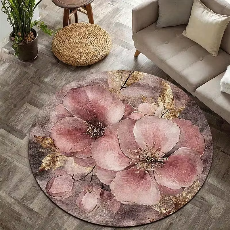 Tapis rond rose doux, motif de fleurs réalistes