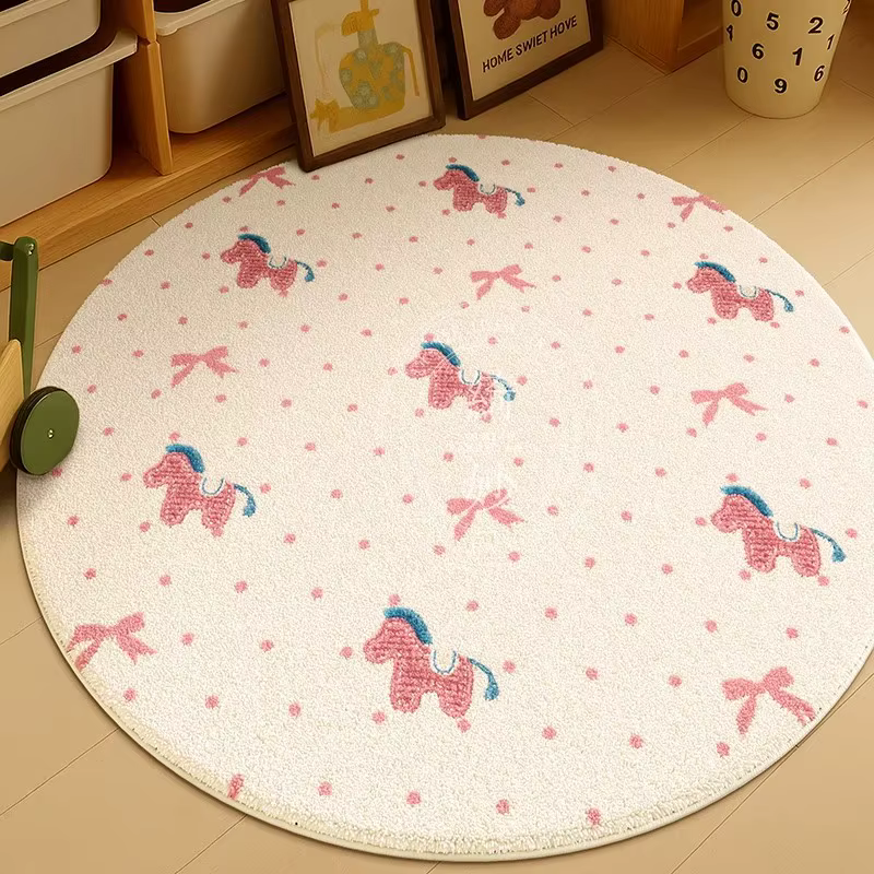 Tapis rond antidérapant VIKAMA Kawaii rose avec bordure à carreaux bleus pour la décoration de la chambre d'enfant