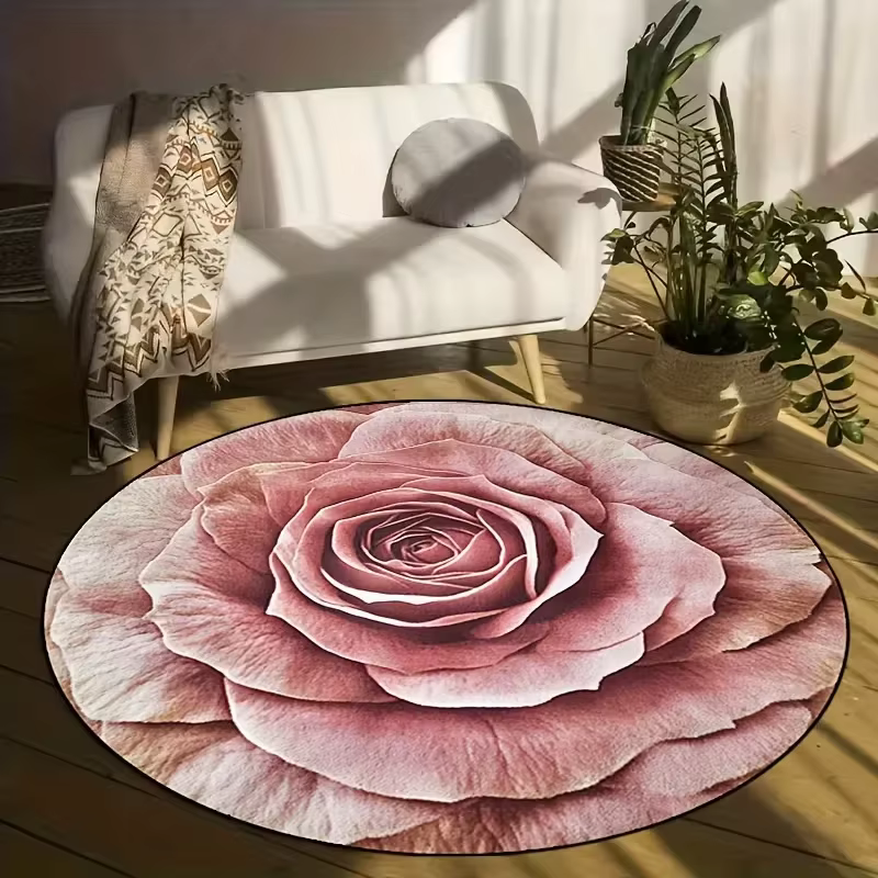 Tapis rond rose doux, motif de fleurs réalistes