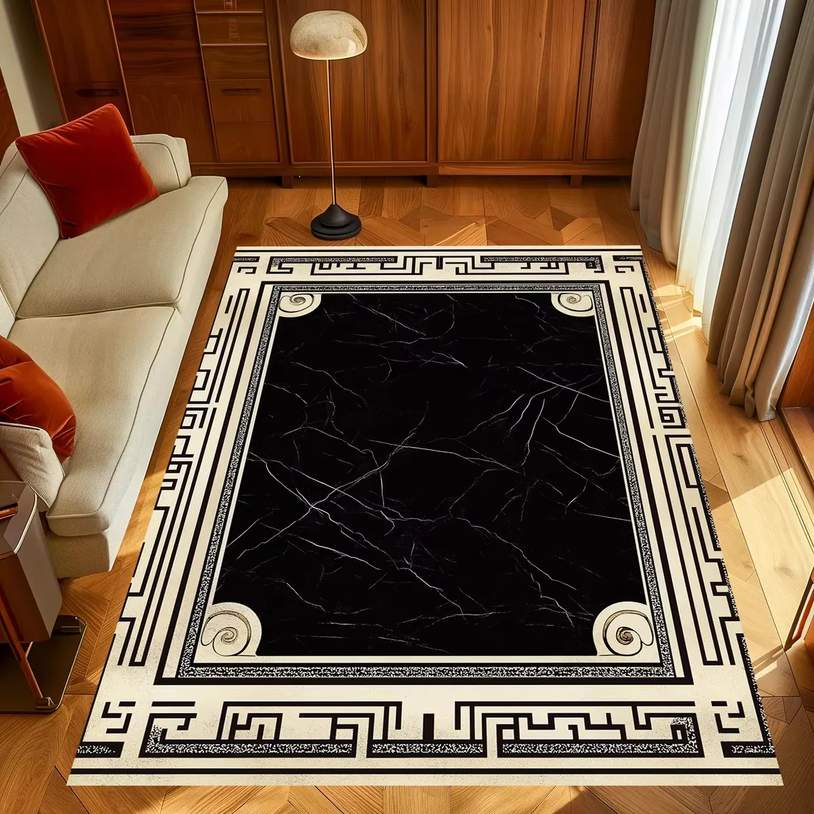 Tapis à Motif grec noir et doré, tapis de sol antidérapant à motif de marbre, adapté au salon, une chambre à coucher ou une décoration de la maison