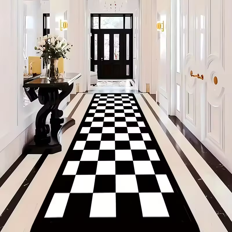 Tapis de course géométriques modernes noirs et dorés avec antidérapant