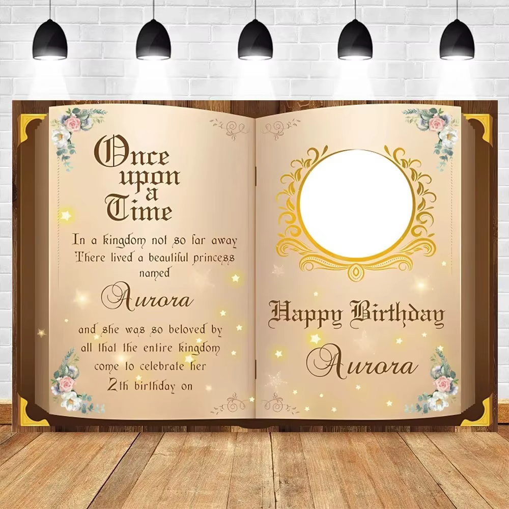 Livre de conte de fées anniversaire mariage toile de fond personnalisée il était une fois château ancien papillon fleur