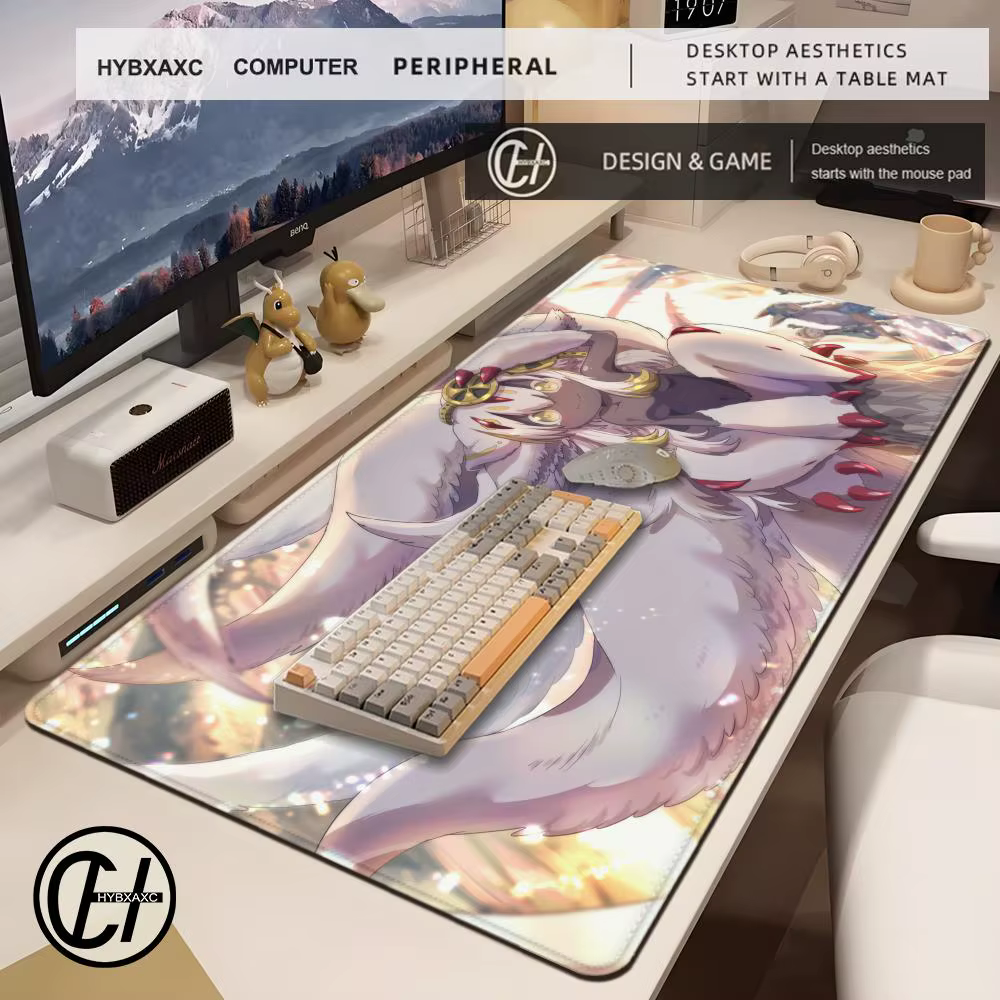 Tapis de souris noir et blanc, dessin animé Made in Abyss, tapis de bureau pour clavier, tapis de souris XXL en caoutchouc antidérapant pour joueur, Riko Nanachi Mausepad
