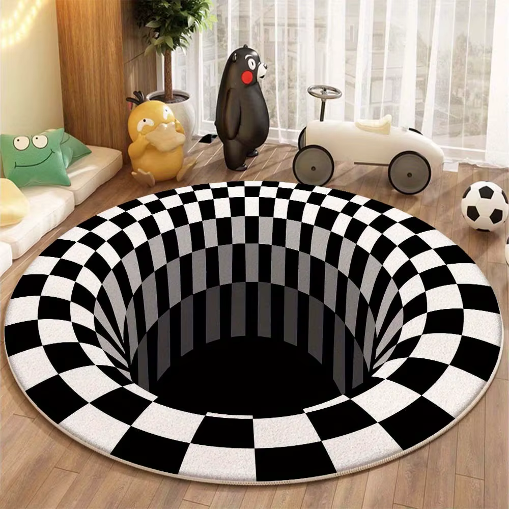 Tapis rond à motif damier 3D noir et blanc