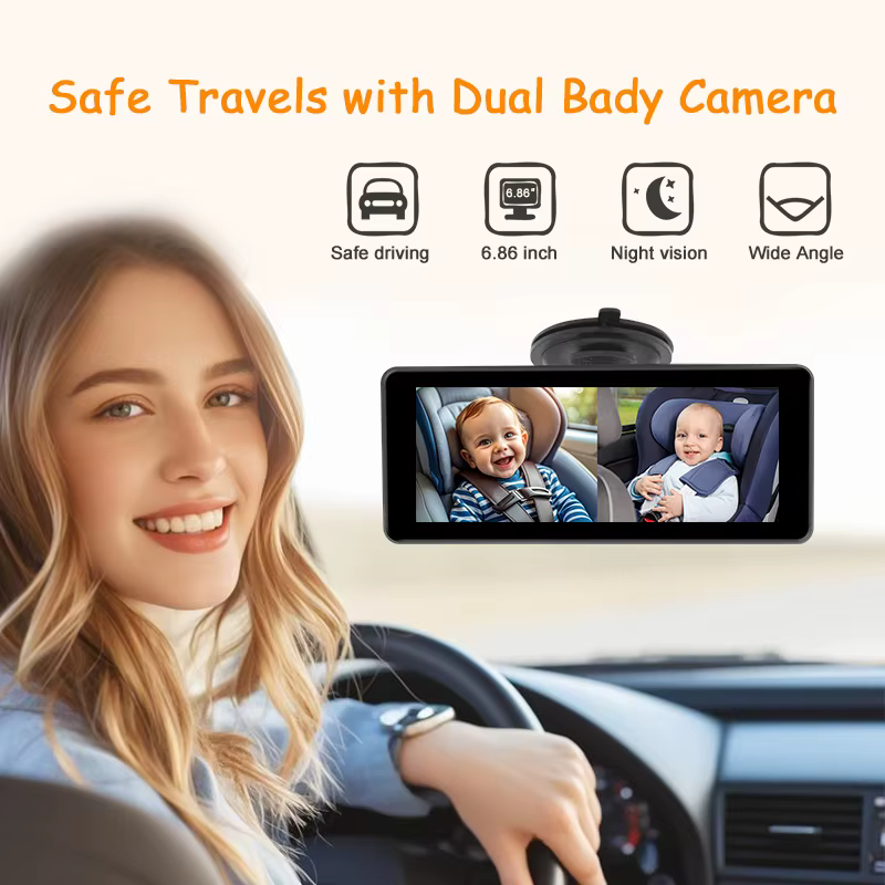 Moniteur vidéo pour bébé avec double caméra embarquée, écran IPS 6,86'', pour nourrissons, enfants et animaux domestiques, pour une conduite sécurisée