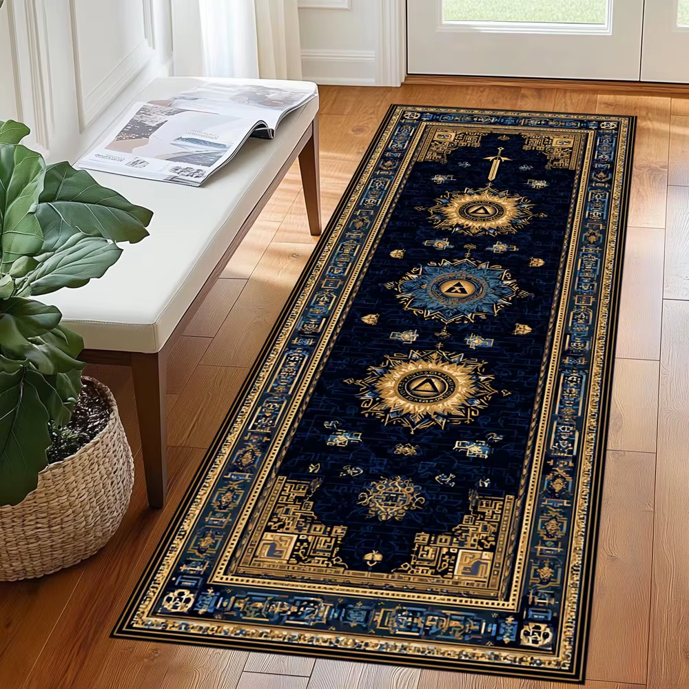 Tapis Triforce Runner Vintage Or et Bleu à Motifs Ornés Antidérapant pour Salon