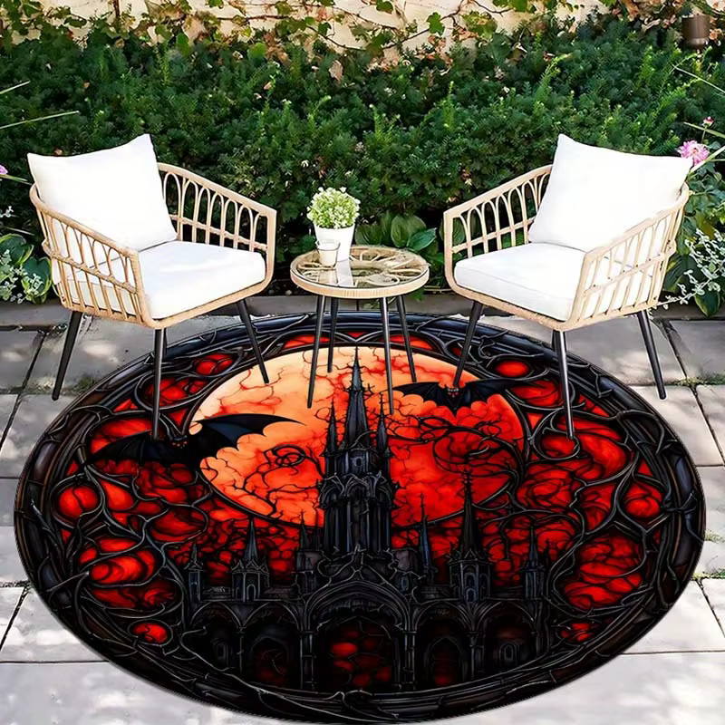Tapis rond gothique château lune rouge chauve-souris