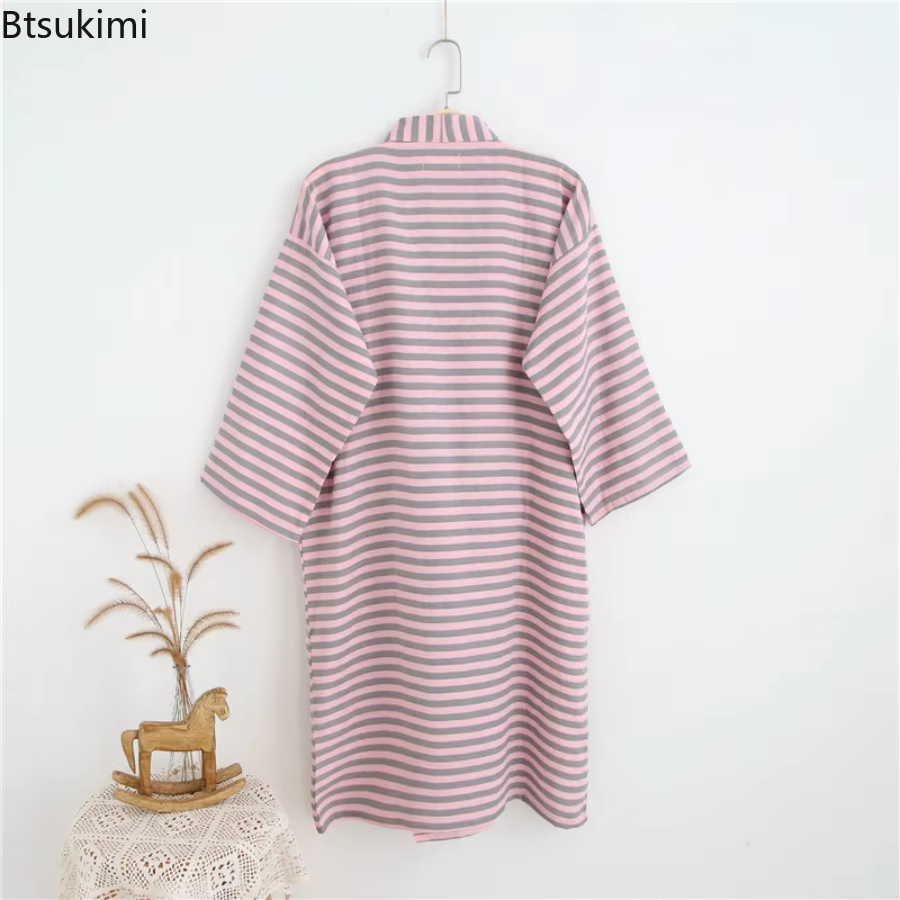 Peignoir de Couple en gaze de coton pur, chemise de nuit, Kimono Yukata, pyjama pour femmes et hommes, Cardigan rayé, vêtements de nuit, vêtements de maison