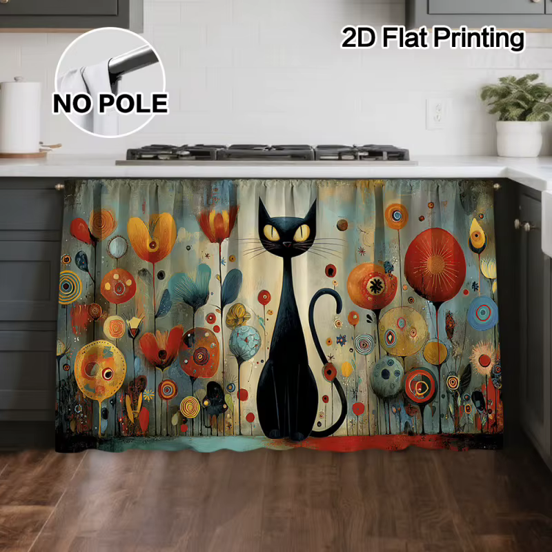 Rideaux de cuisine VIKAMA avec motifs de chats et de fleurs colorées