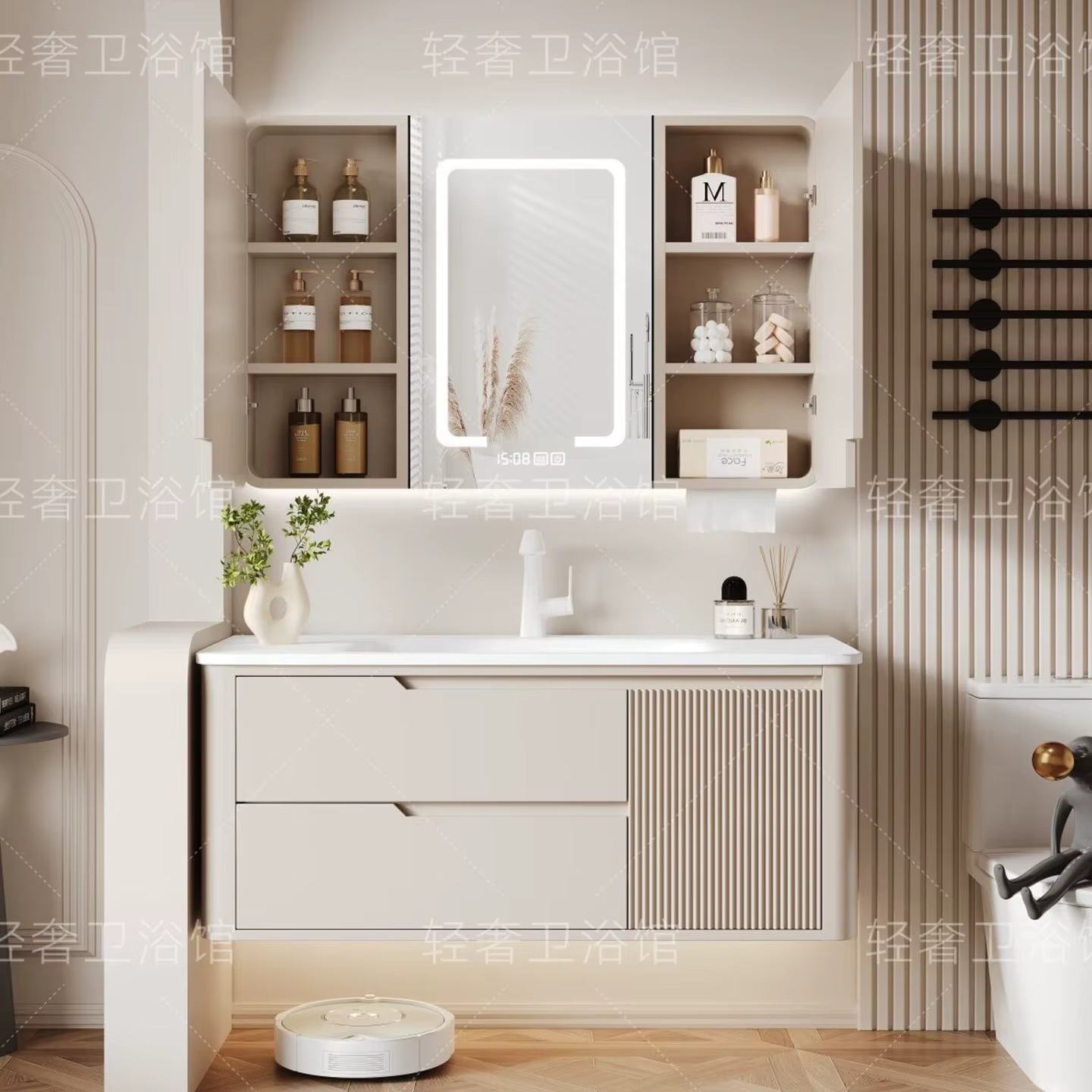 Meuble de salle de bain en Corian crème avec lavabo, miroir Feng Shui pliant en chêne, lavabo intelligent et lavabo intégré