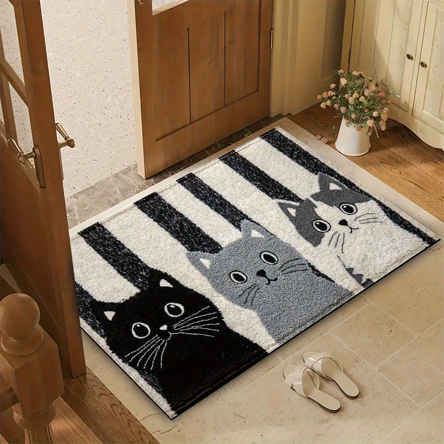 VIKAMA rayé dessin animé chat tapis doux paillasson imperméable