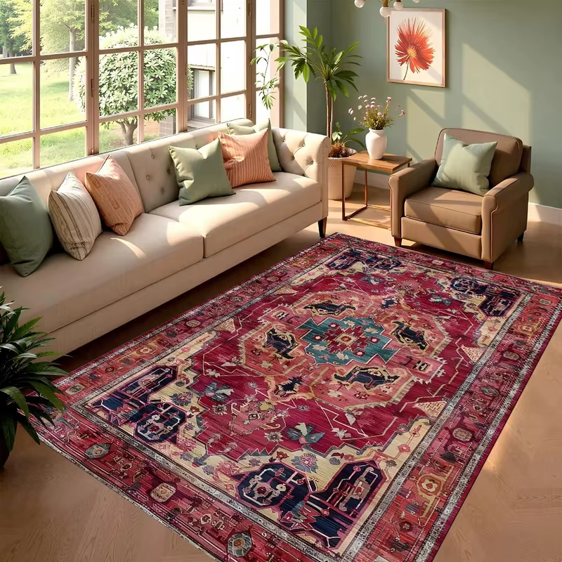 VIKAMA Tapis persan rouge antidérapant pour salon, chambre à coucher, décoration abstraite bohème