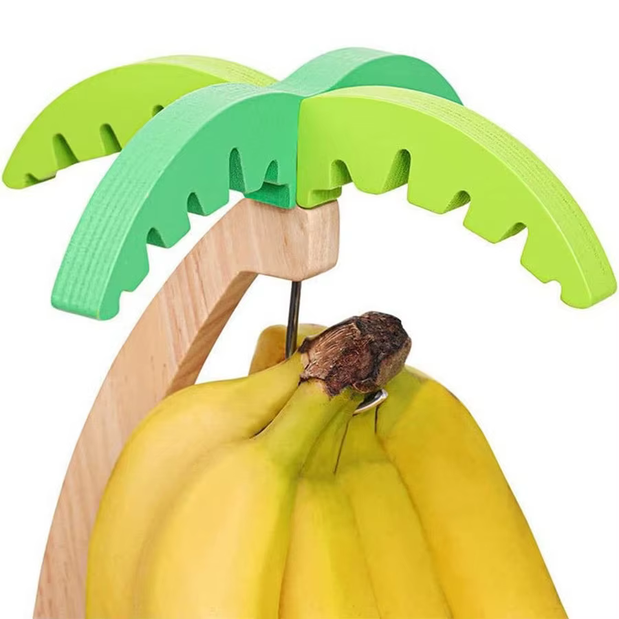 Support à bananes en bois, étagère de cuisine suspendue, support de rangement vertical décoratif pour fruits avec feuilles simulées et crochets, décoration de cuisine