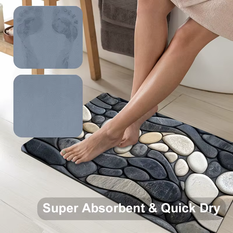 Tapis de sol en diatomite à motif galet, absorbant, antidérapant, pour cuisine, salle de bain, salon, avec support en caoutchouc 2D