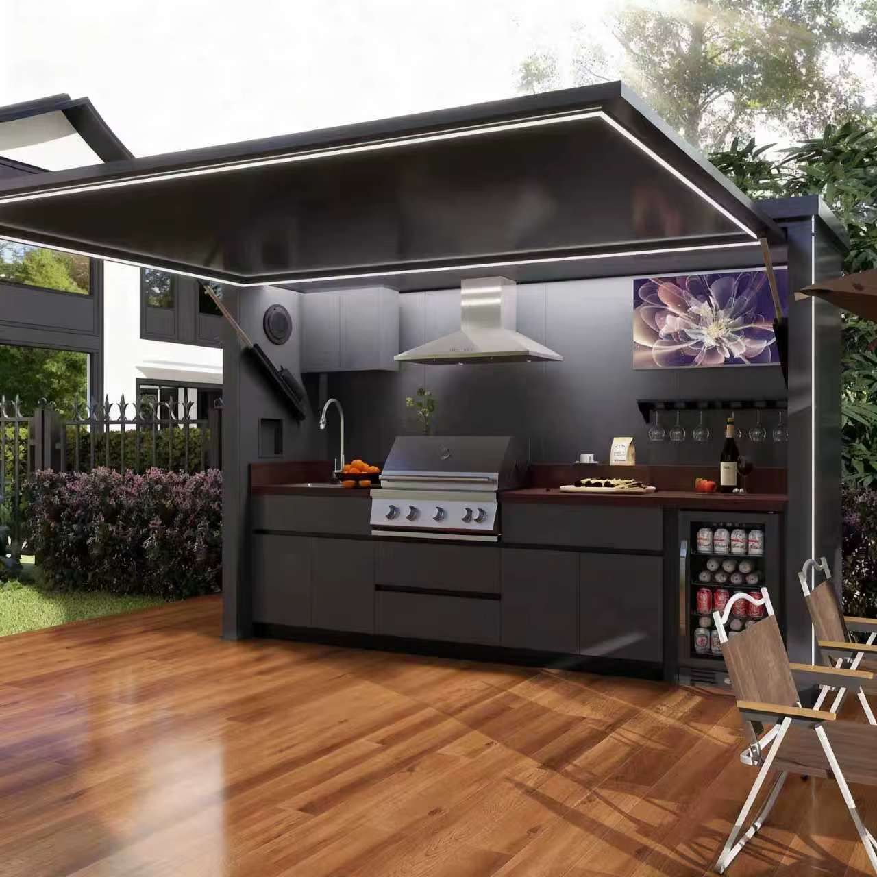 Cuisine extérieure modulaire personnalisée pour villa, meubles de cuisine pour maison d'hôtes, îlot barbecue extérieur, îlot barbecue de jardin