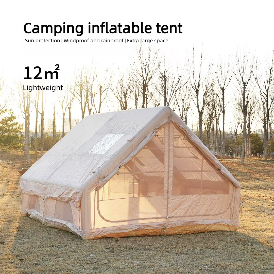 12 ㎡ Grande tente de camping gonflable pour 4 à 8 personnes avec fenêtres, portable, imperméable, pare-soleil, tente de camping quatre saisons