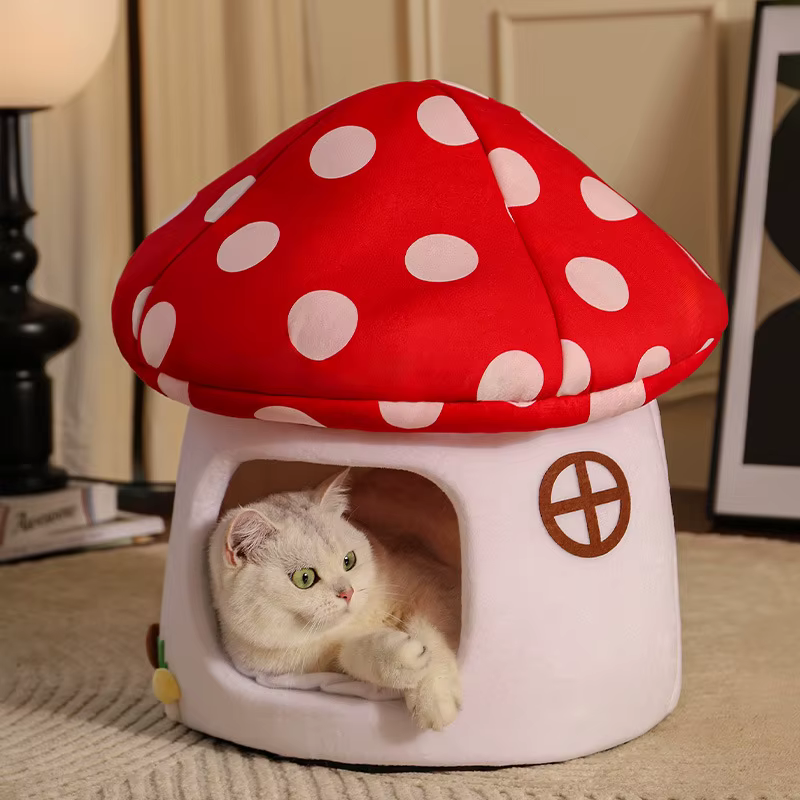 Lit pour chat champignon semi-fermé-adorable et fonctionnel pour dormir et cacher la maison