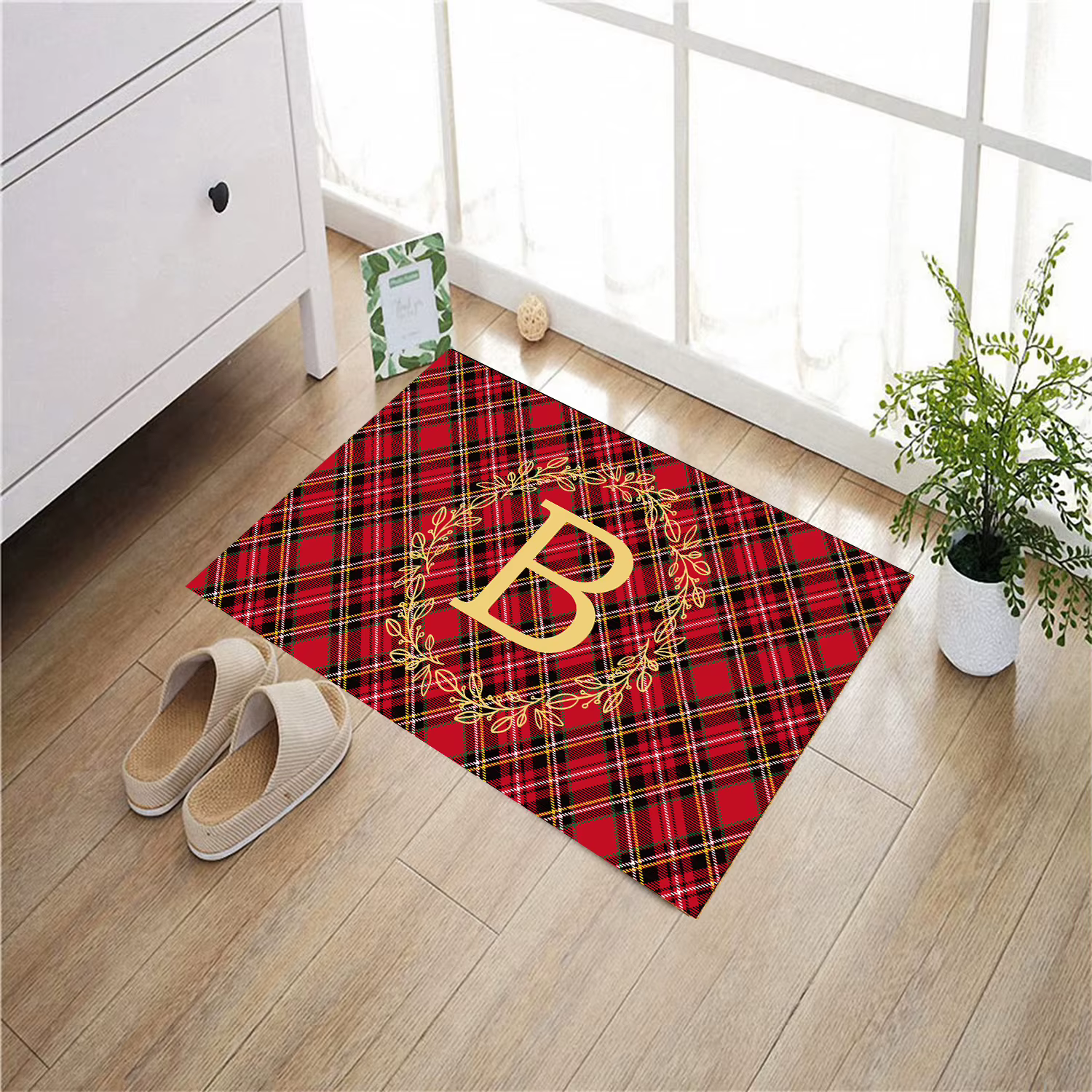 Tapis de porte personnalisé en Tartan de noël, nom de famille personnalisé, couronne de feuilles initiales, paillasson d'entrée, support en caoutchouc, antidérapant