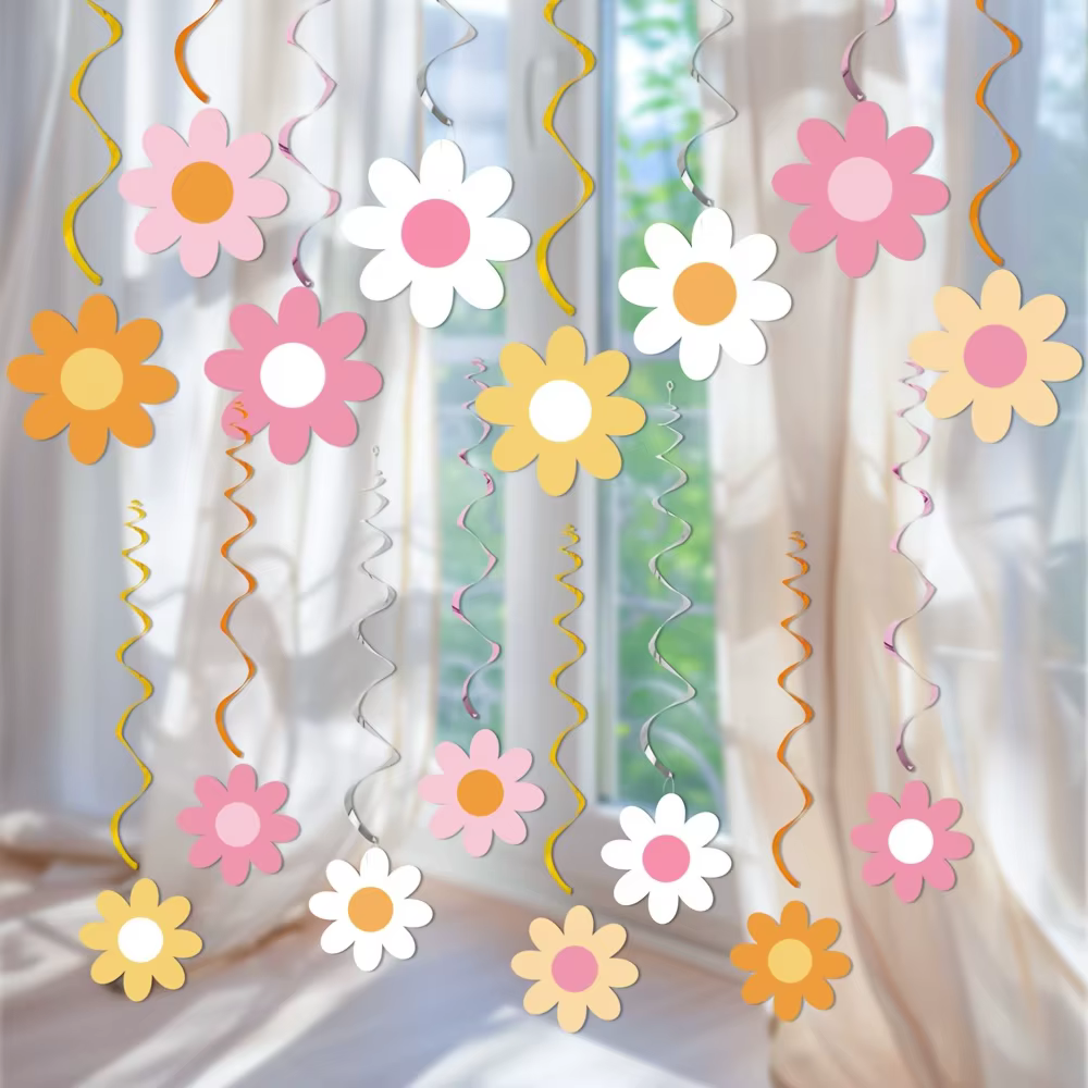 Ensemble de 16 décorations suspendues rotatives en forme de marguerite - Idéal pour une fête d'anniversaire sur le