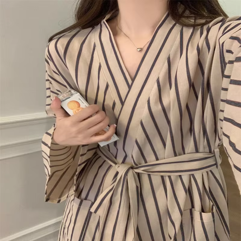 Peignoir pour femme : Robe longue à manches longues rayée style kimono printemps/été – Pyjama et vêtements de détente amples, décontractés, style rétro
