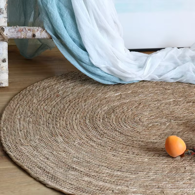 Tapis ovale en jute tressé, style bohème naturel, avec rayures blanches, lavable et antidérapant, pour salon et chambre.