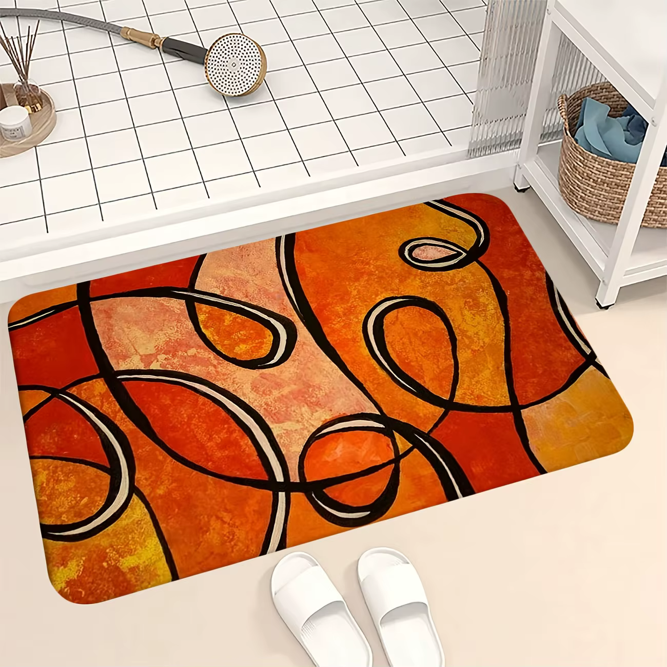 Tapis de bain géométrique orange abstrait