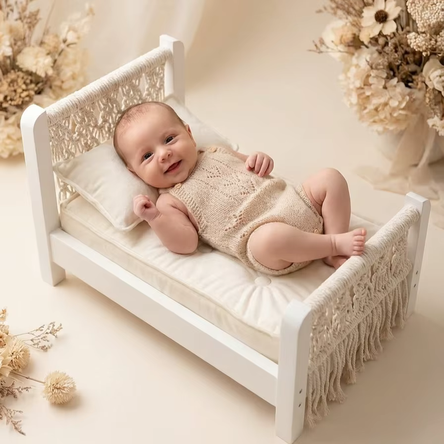 Accessoires de photographie pour nouveau-nés, mini lit en bois, mobilier pour séance photo de bébé, lit détachable en corde tressée style bohème pour la photographie en studio
