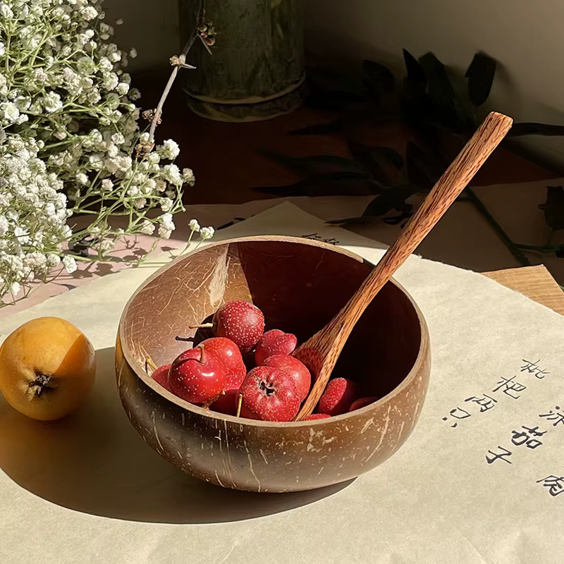 【Peace】Bol en noix de coco naturel, fait à la main, en bois, pour manger, vaisselle, fourchette, cuillère pour dessert, salade de fruits, mélange de riz