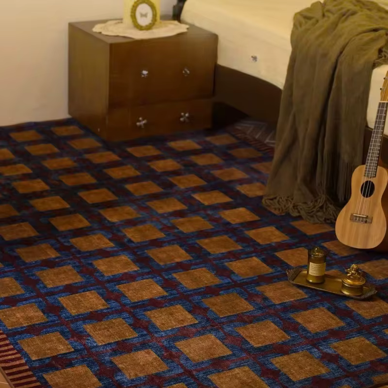Tapis de salon vintage marron à carreaux imprimés