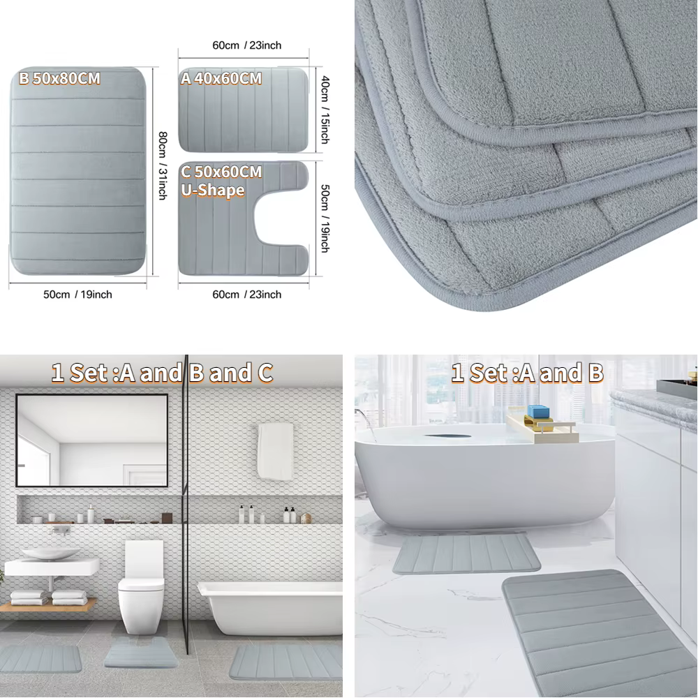 Ensemble de tapis de salle de bain en mousse à mémoire de forme, antidérapant, Extra doux, absorbant l'eau, lavable en Machine et sec, pour sol de baignoire, Beige
